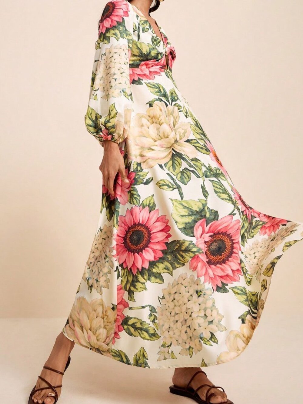 Multicolor Boho Women's V-Neck Long Sleeve Twist Knot Dress with Tropical Print - Picture 7 of 9